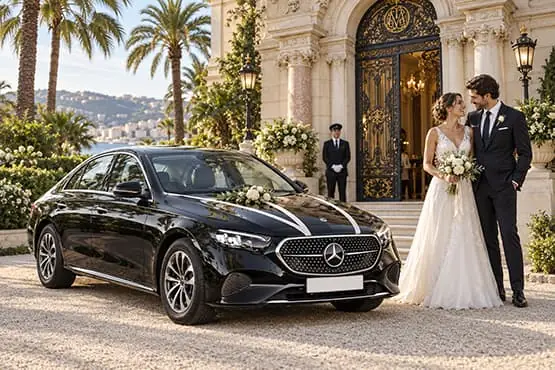 Un couple de mariés pose près d’une berline noire devant un bâtiment de prestige bordé de palmiers.